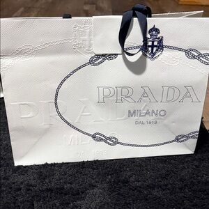Prada White Shopping Bag with Navy Logo and Rope Design
